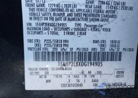 2013 Ford Taurus Sel z USA, uszkodzony, nr VIN 1FAHP2E8XDG194905